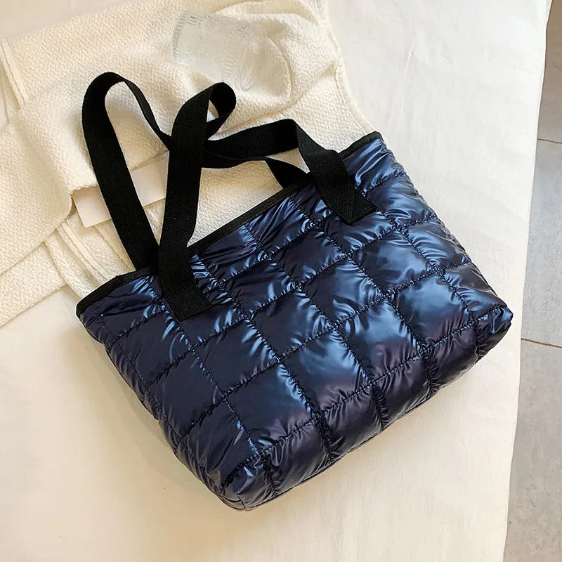 Fashion Quilted Shoulder Bags Down Cotton Padded Large Capacity Tote Bags Solid Color Shopping Bags Women Girls