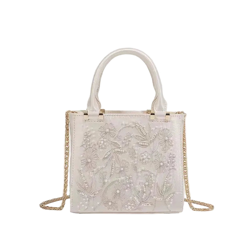 Elegant Soft Pearl Embroidery Fashion Handbag Silk Cheongsam Evening Clutch Chain Shoulder Bag Urban Minimalist Style Tote Chic
