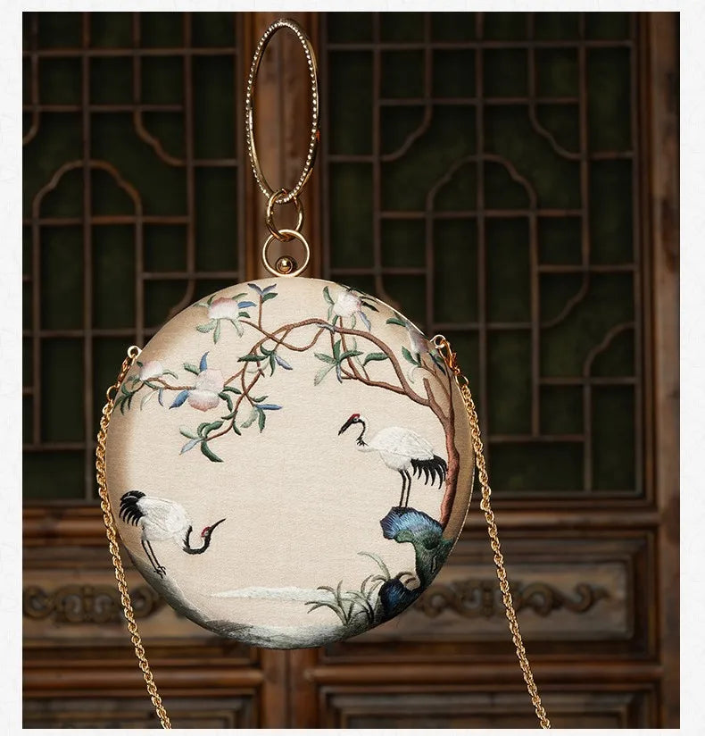 Cape-Bay Brand Women's Bag, Noble and Elegant Small Handbag, Shoulder Bag, Small Round Bag, Crossbody Bag, Classical Beauty, Retro Fashion, Chinese-Style Embroidery, Landscape Painting, Floral and Bird Motifs, Exquisite Mini