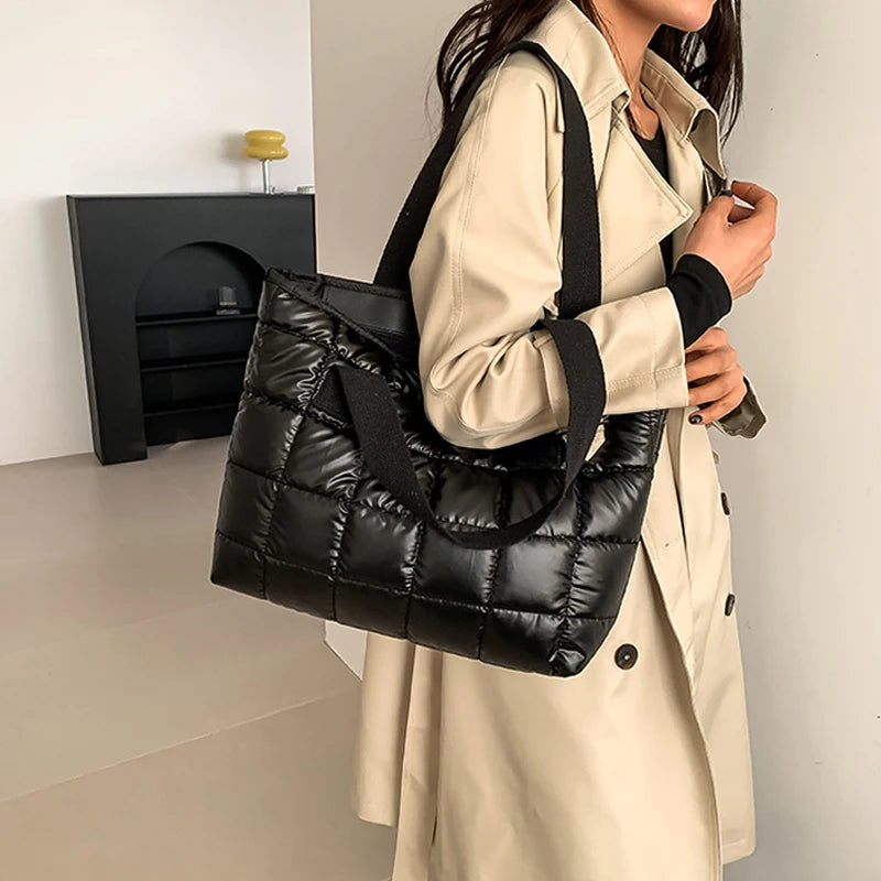 Fashion Quilted Shoulder Bags Down Cotton Padded Large Capacity Tote Bags Solid Color Shopping Bags Women Girls