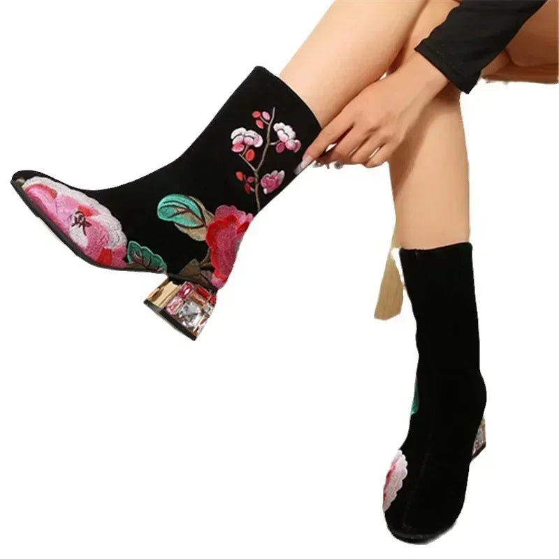 Floral Rhinestone Ankle Boots