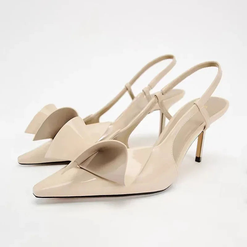 Patent Leather Women High Heels Sandals Beige Elegant Bow Decoration Stilettos Pointed Toe Summer Slingbacks Office Lady Shoes