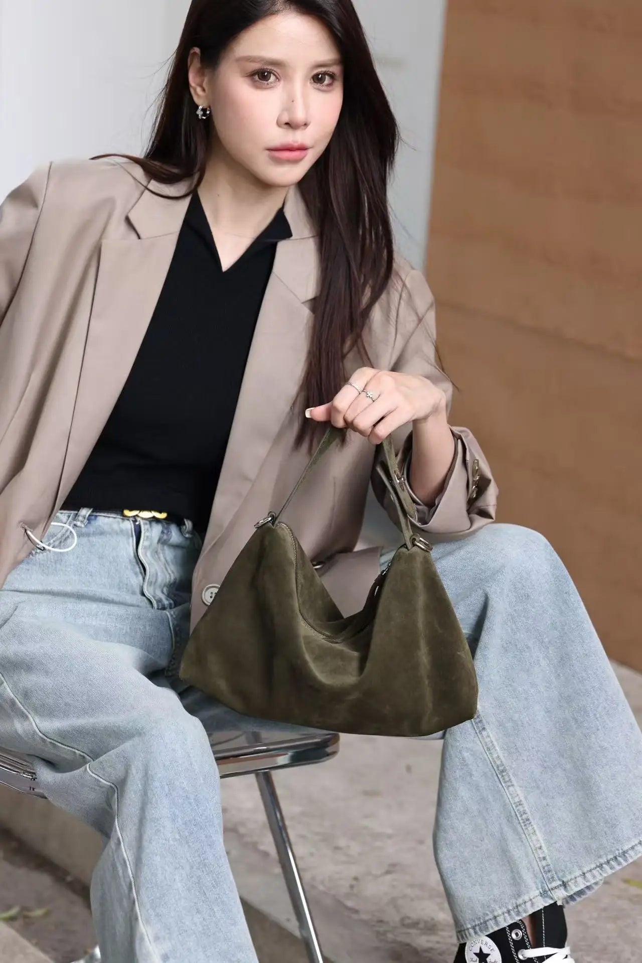 Suede Boston Shoulder Bag