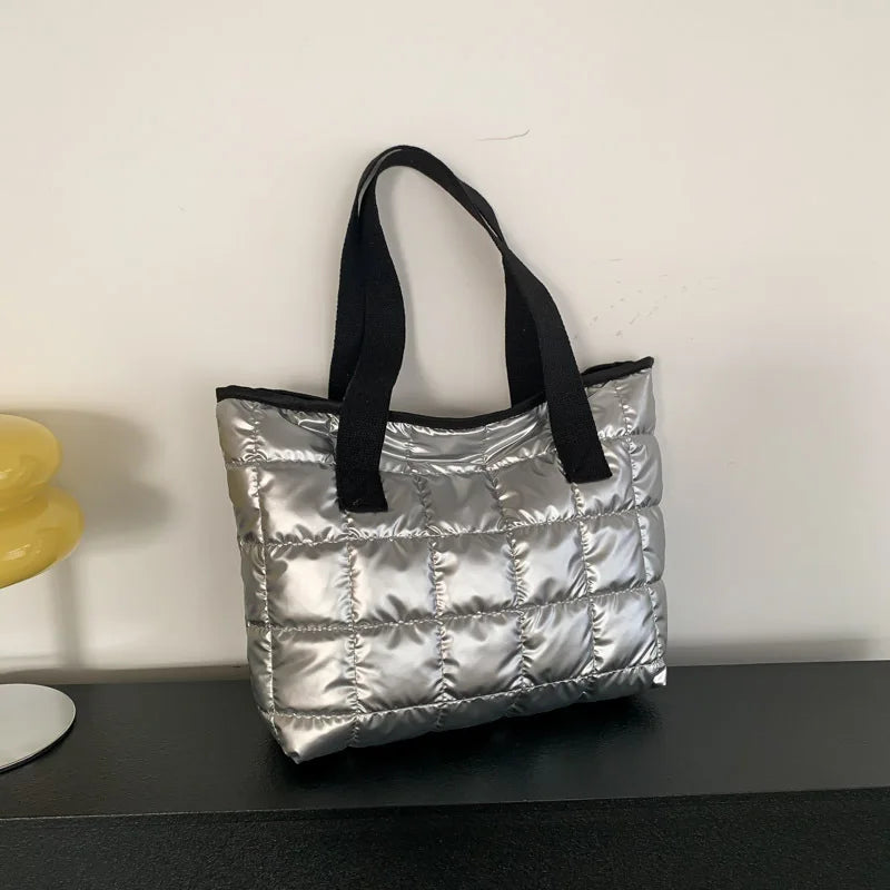 Fashion Quilted Shoulder Bags Down Cotton Padded Large Capacity Tote Bags Solid Color Shopping Bags Women Girls