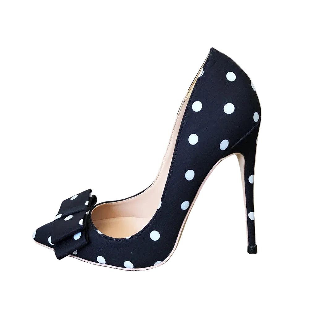 Tikicup Polka Dot Women Black Satin Stiletto High Heels with Bowknot Chic Ladies Designer Dress Shoes Pointed Toe Silk Pumps