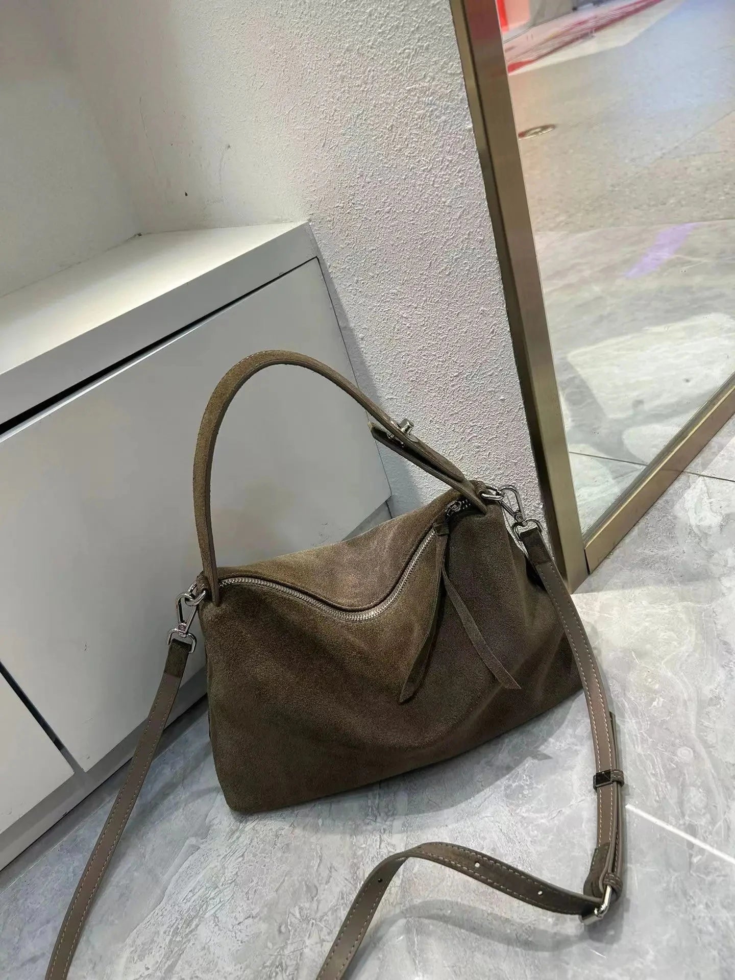 Suede Boston Shoulder Bag