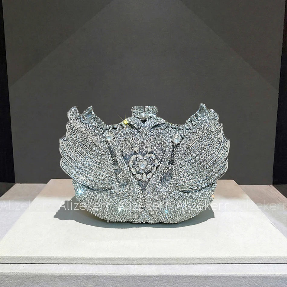 Swan Rhinestone Metal Clutch