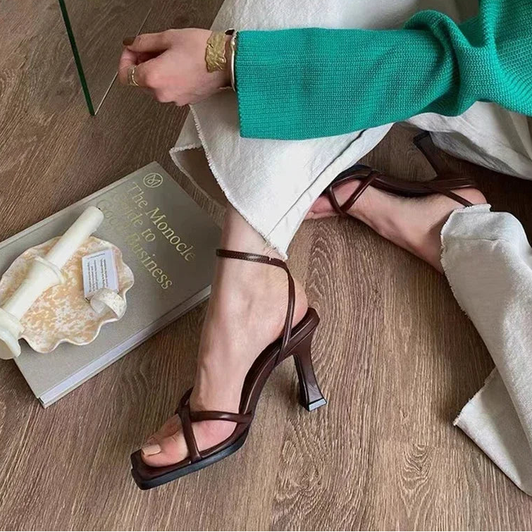 2026 Summer Narrow Band Heel Sandals Women Thick Heel 7 CM Ankle Strap Fashion Square Toe Ladies Dress Sandalias Women's shoes