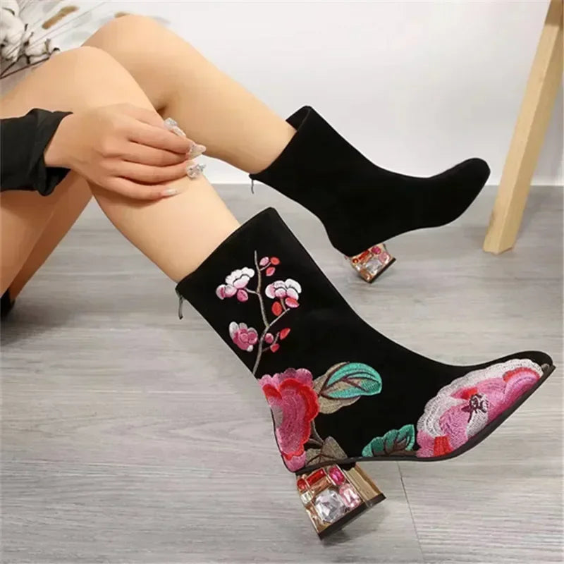 Floral Rhinestone Ankle Boots