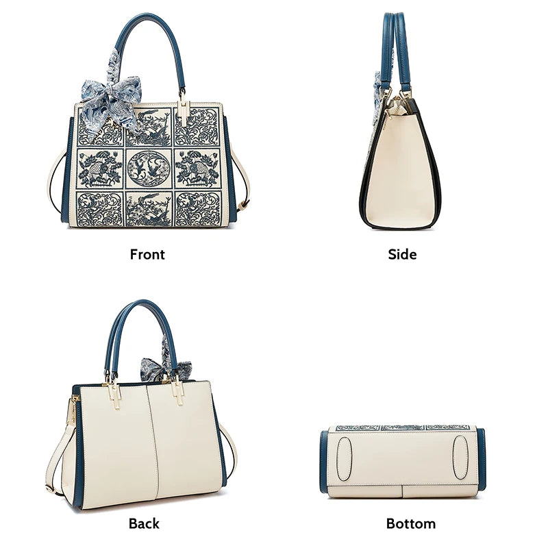 FOXER Women's Shoulder Handbag New Office Lady Crossbody Bag Medium Tote Chic Split Leather Silk Scarf Printing Pocket Mom's Bag
