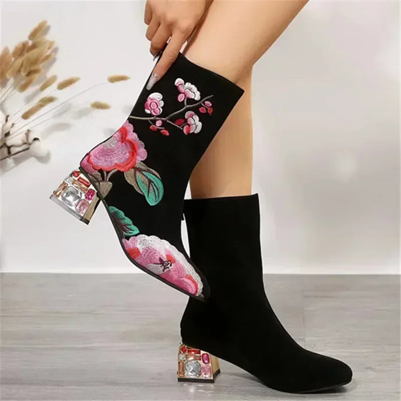 Floral Rhinestone Ankle Boots