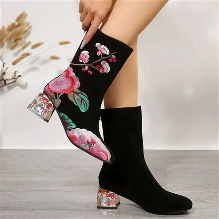 Floral Rhinestone Ankle Boots