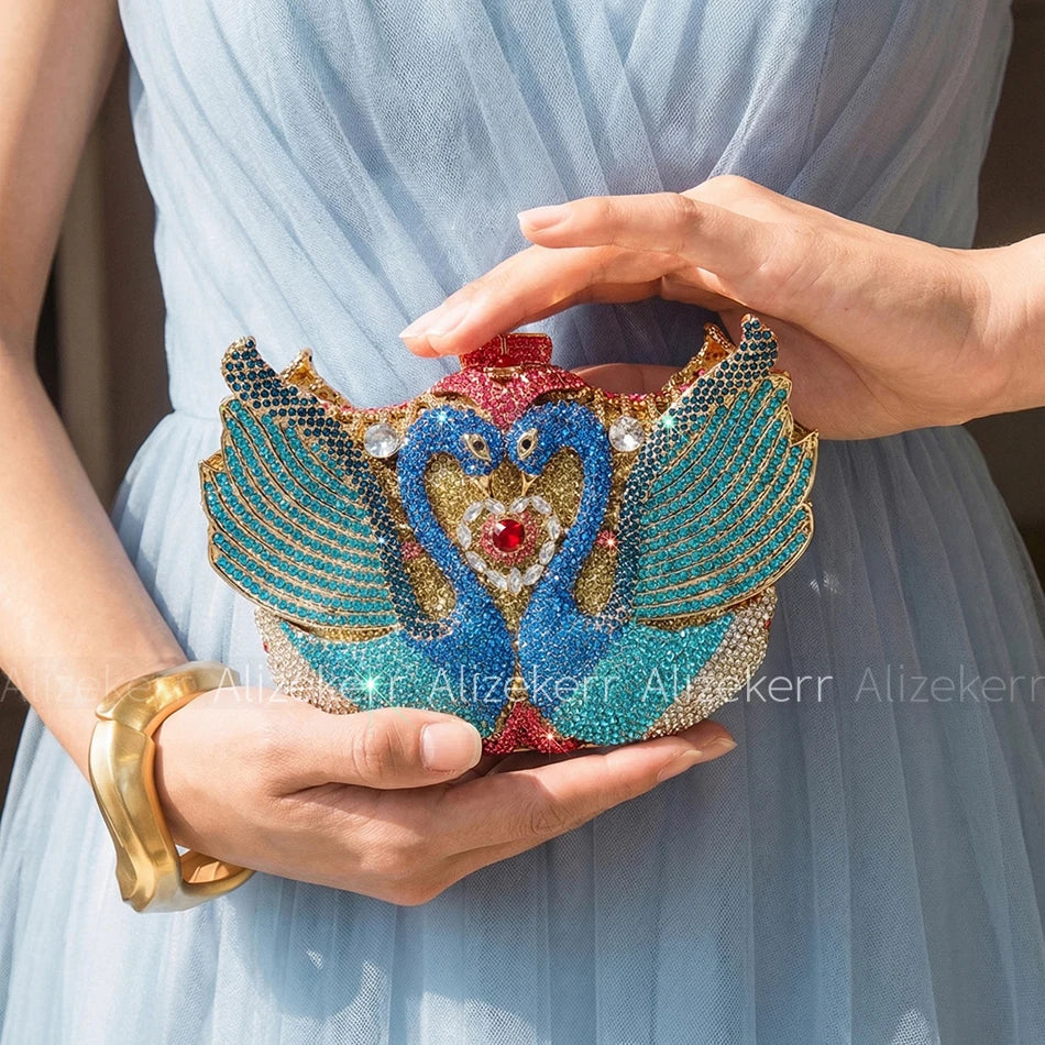 Swan Rhinestone Metal Clutch
