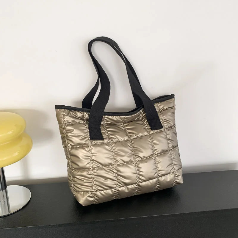 Fashion Quilted Shoulder Bags Down Cotton Padded Large Capacity Tote Bags Solid Color Shopping Bags Women Girls