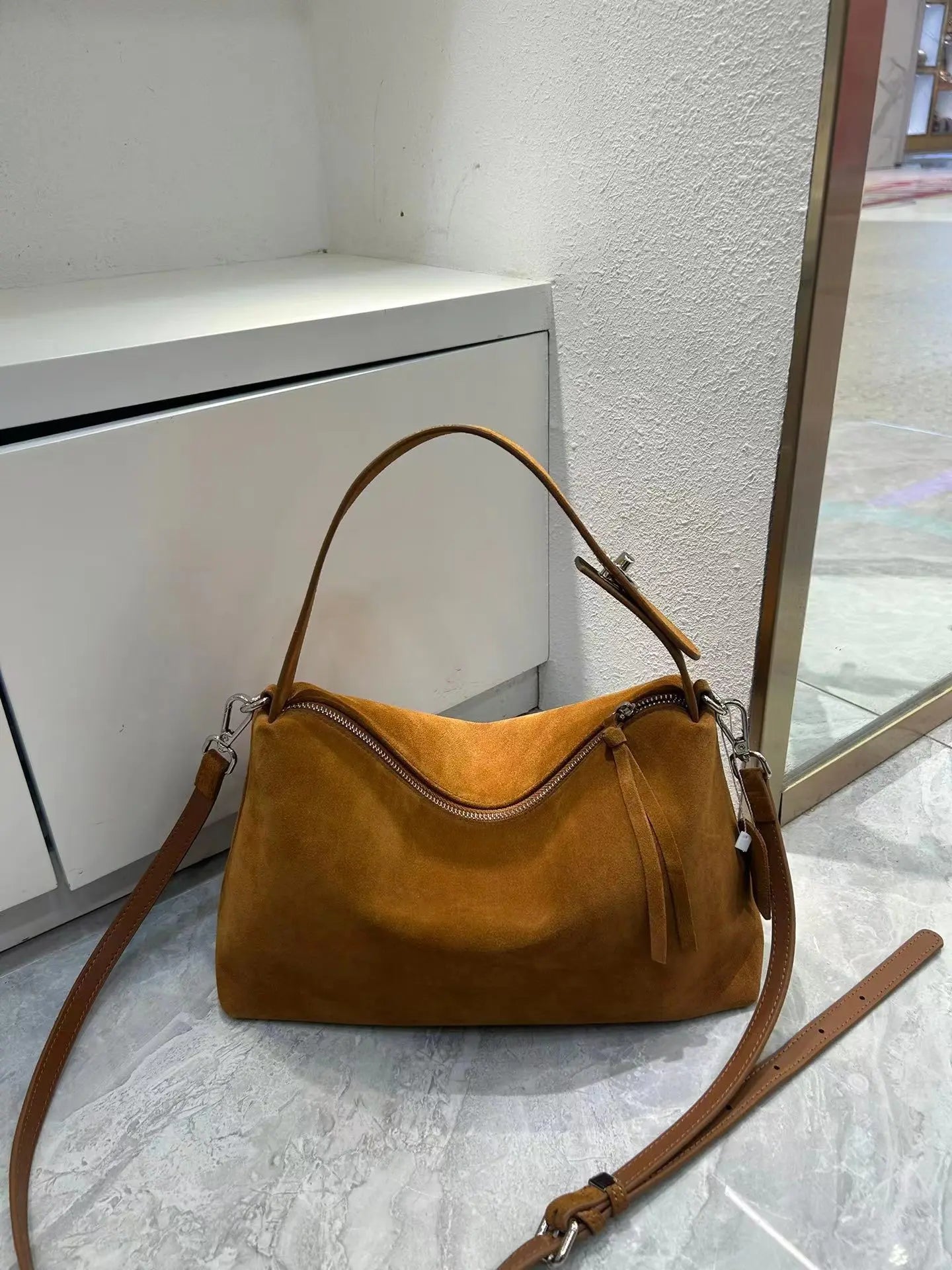Suede Boston Shoulder Bag
