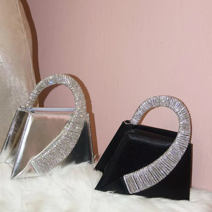 Luxury Satin Square Bag Wedding Party Clutch Purse Glitter Shiny Diamonds Handle Evening Bag Crossbody Bag Women Fashion Handbag