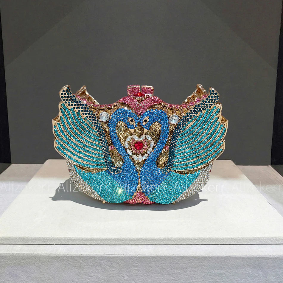 Swan Rhinestone Metal Clutch
